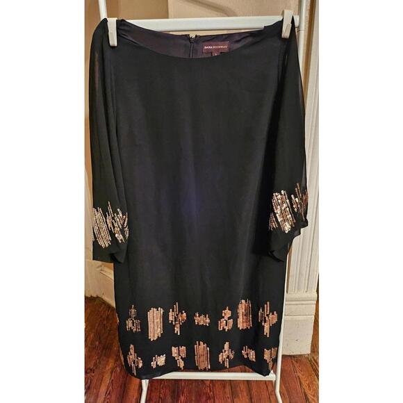 Dana Buchman Women L Black Gold Sequin Tunic Dress Bell Sleeves - EUC - Picture 1 of 3